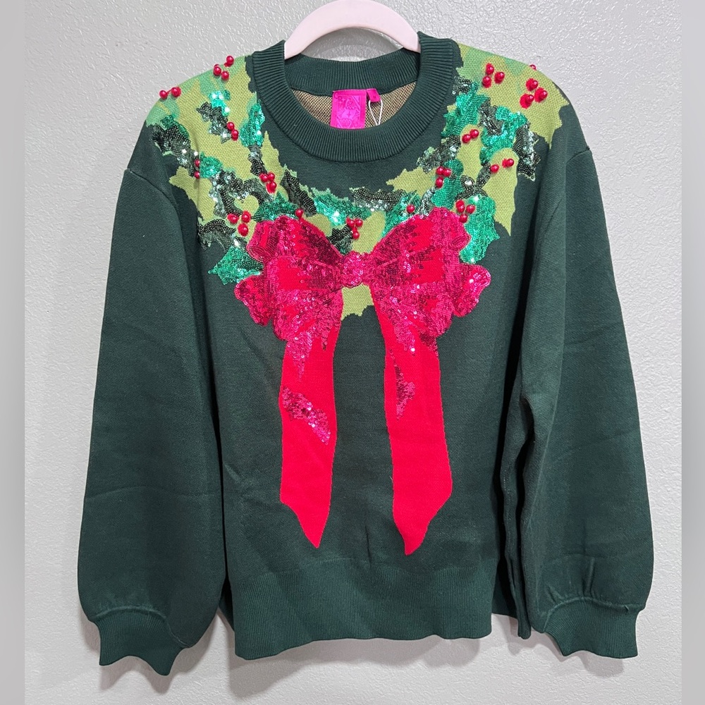 QOS Dark Green & Red Wreath Sweater